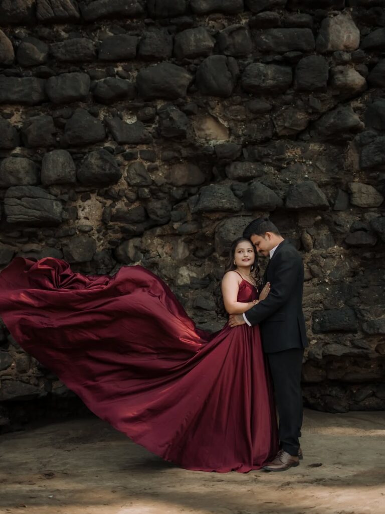 Creative outdoor pre wedding photoshoot with flowing gown in Jaipur by Vishal Photos