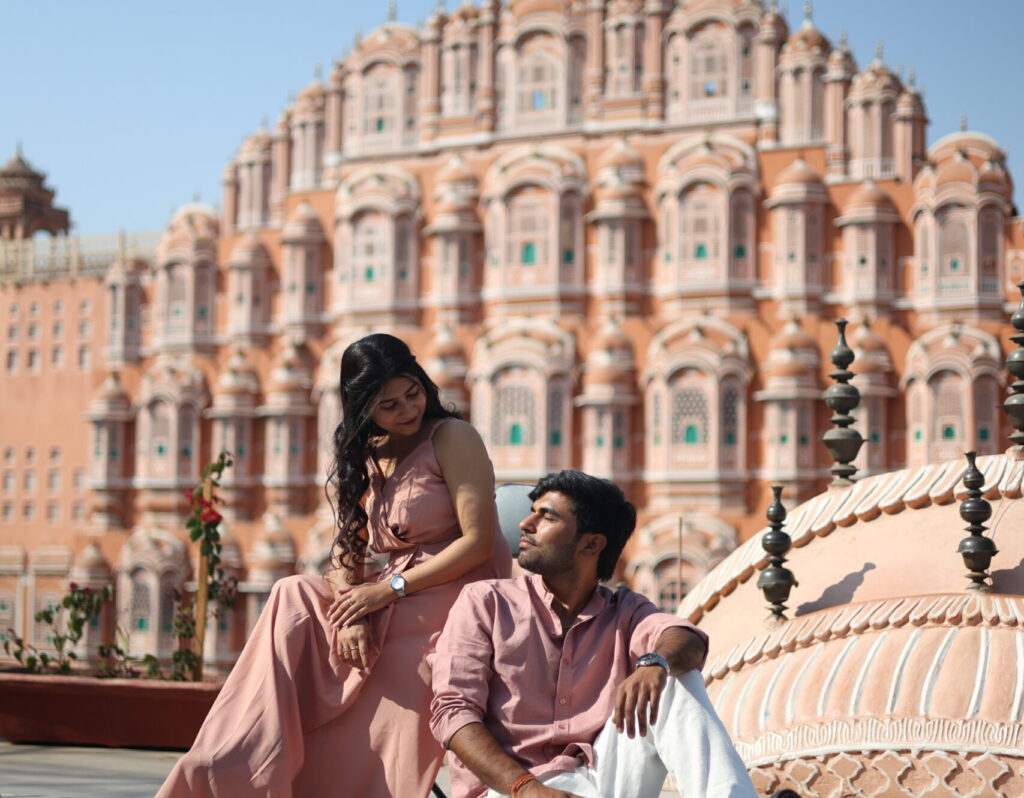 Couple pre wedding shoot at Hawa Mahal Jaipur with royal architecture background