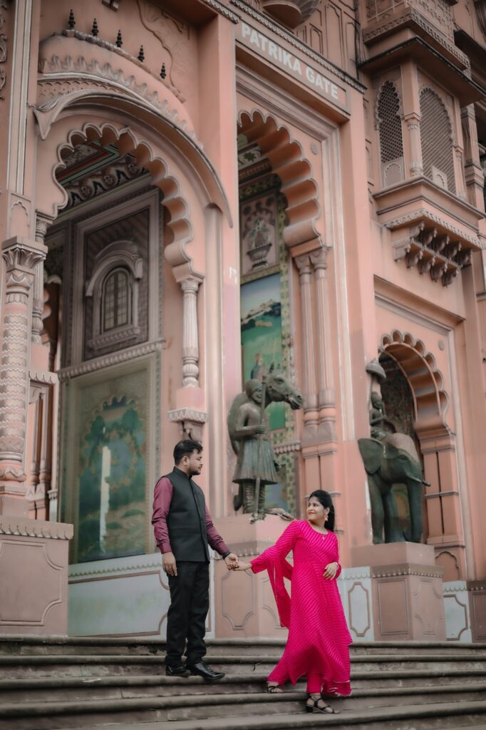 Romantic pre wedding couple holding hands at Patrika Gate Jaipur captured beautifully by Vishal Photos