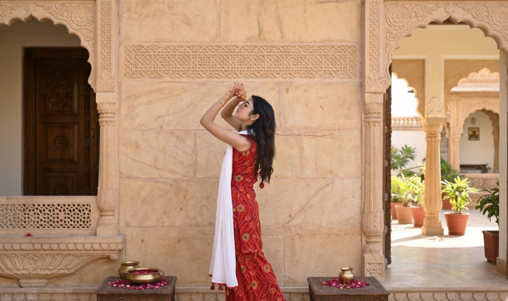 Professional photoshoot in Udaipur photography studio featuring a woman posing in traditional attire with heritage architecture background