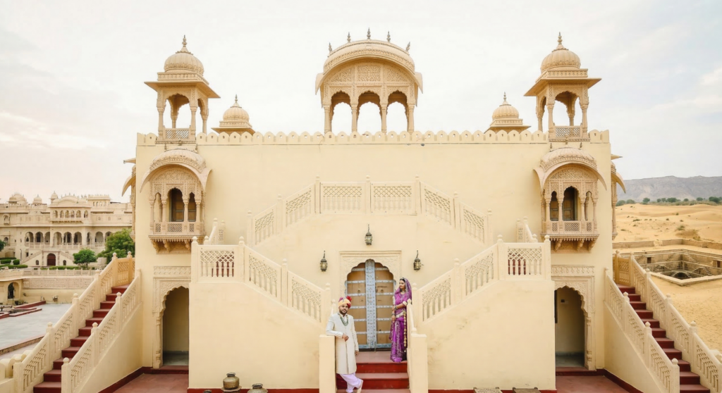 Royal pre wedding couple photoshoot at a heritage palace in Rajasthan with traditional attire and grand symmetrical architecture.