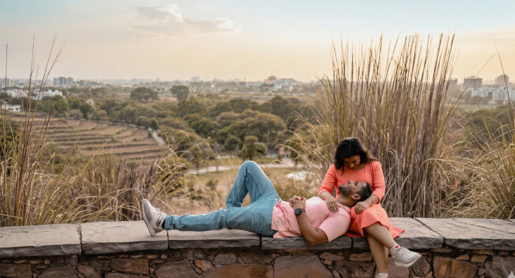 Romantic pre wedding photoshoot of a couple sitting on a stone wall with scenic landscape view in Jaipur.