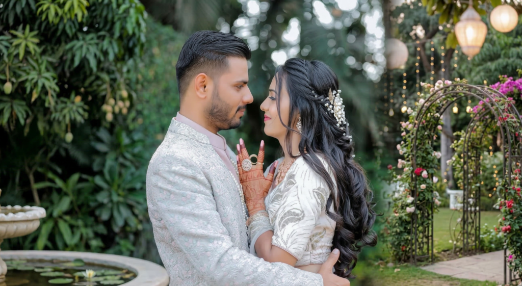 Romantic engagement photoshoot of a couple in traditional outfits at a beautiful garden location in Udaipur.