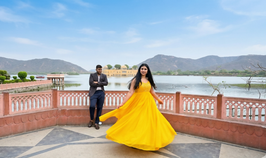 A woman in a yellow dress twirling while a man leans against a railing with the Jal Mahal and Man Sagar Lake in the background during a pre-wedding shoot in Jaipur, captured by Vishal Photos.
