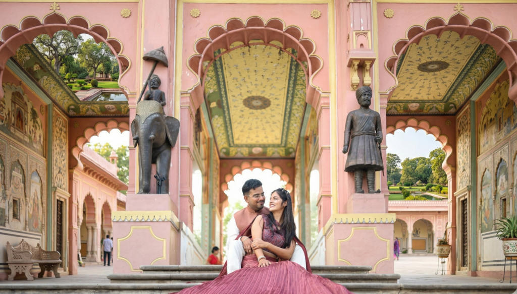 A couple posing on the steps of the colorful Patrika Gate in Jaipur during an affordable pre-wedding shoot, captured by Vishal Photos.