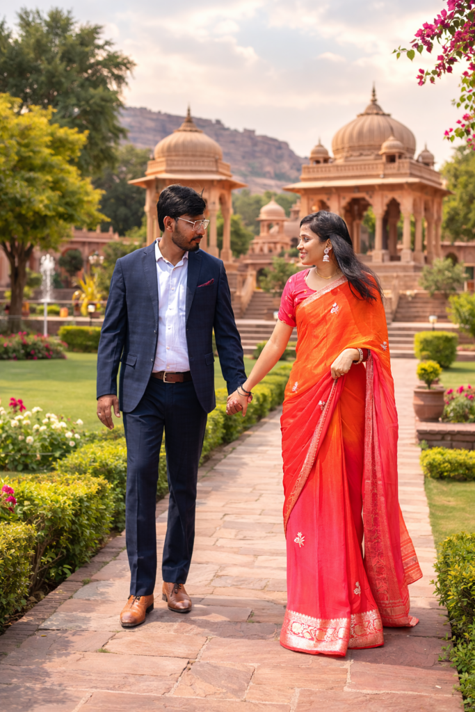 Romantic pre wedding photoshoot couple walking together in traditional outfits at a royal heritage garden location in Jodhpur Rajasthan