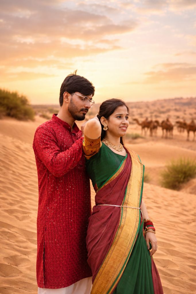 Romantic desert pre wedding shoot in Rajasthan with couple wearing traditional outfits during sunset with camels in background