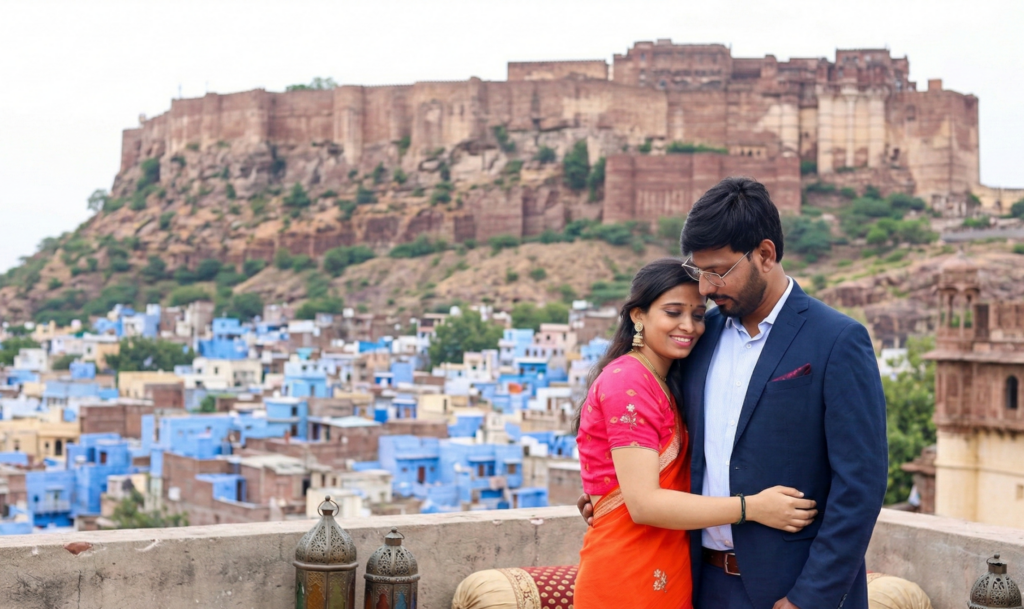 Romantic pre wedding photoshoot in Jodhpur with Mehrangarh Fort and blue city background