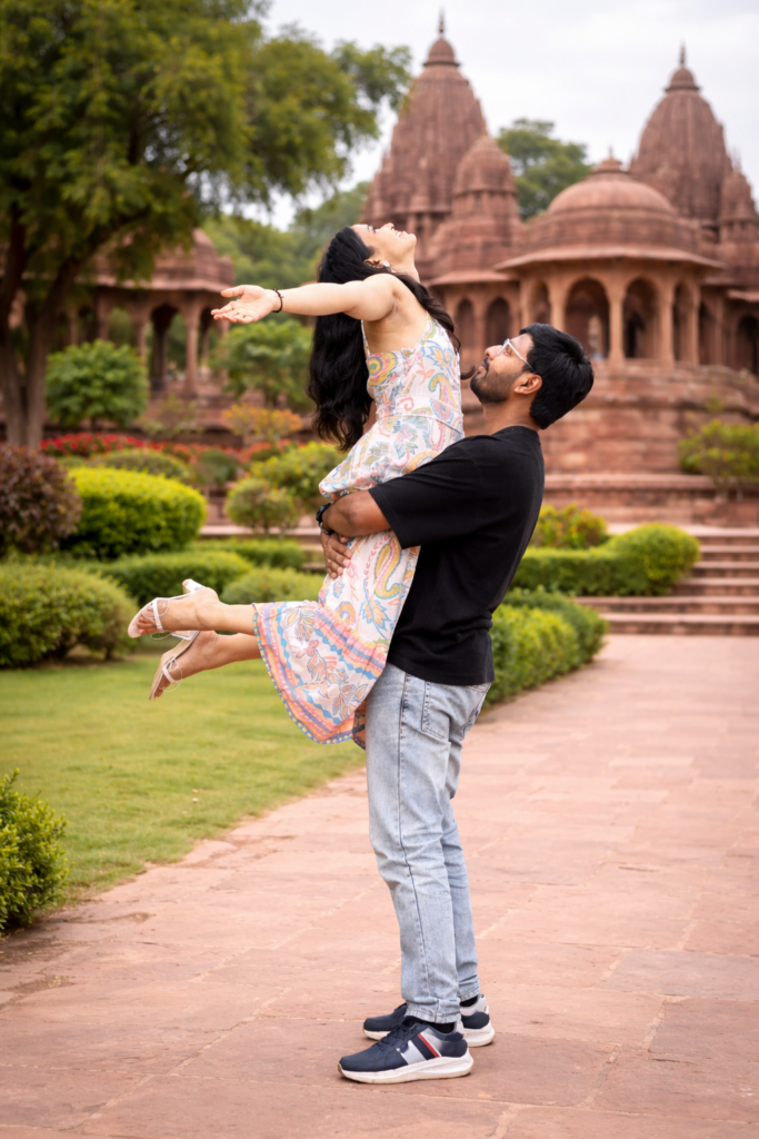 Romantic couple photoshoot at Mandore Gardens Jodhpur with man lifting woman in scenic heritage garden