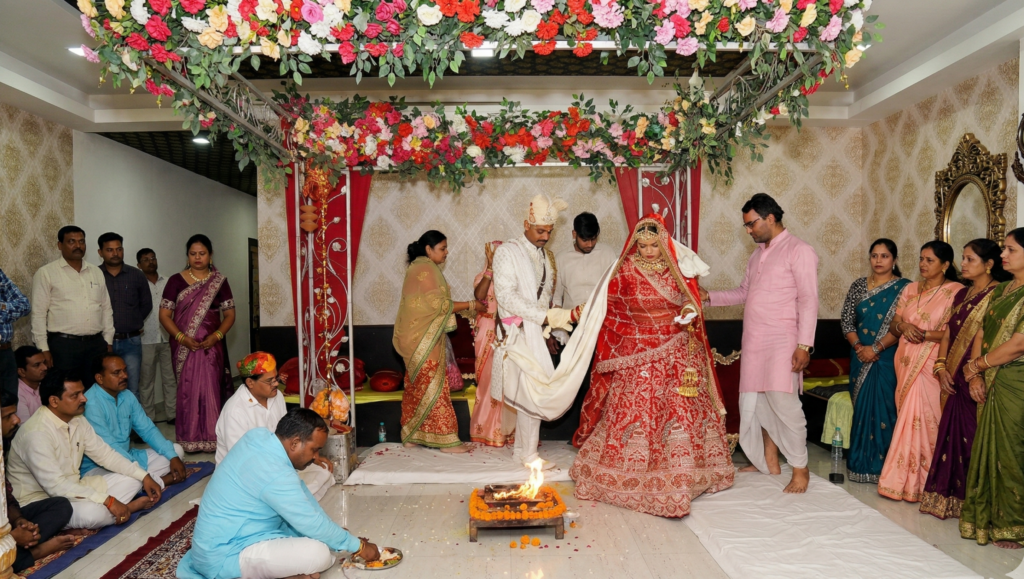A traditional Indian wedding ceremony in Udaipur featuring a bride in a red lehenga and a groom in a white sherwani performing the Pheras around a sacred fire, captured by Vishal Photos.