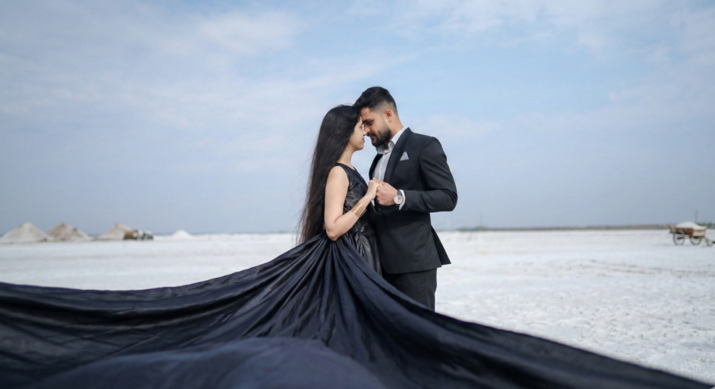 Romantic couple pre wedding photoshoot in desert landscape with flowing black gown cinematic photography.