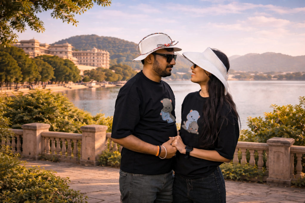 Romantic couple photoshoot near Lake Pichola Udaipur with City Palace view during golden hour photography.