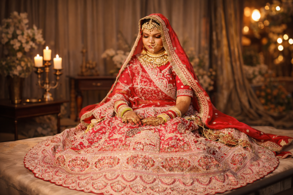Beautiful Indian bride in red bridal lehenga with traditional jewelry during bridal portrait photography.