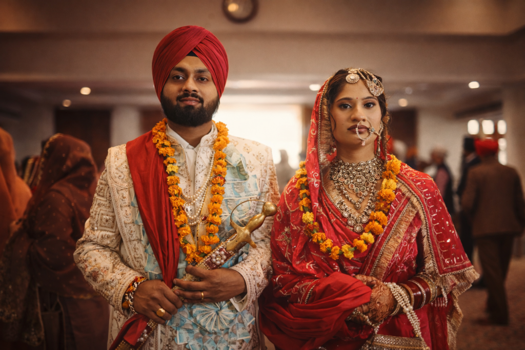 Portrait of a newlywed couple in traditional Indian wedding attire, captured indoors with elegant lighting by a professional wedding photographer in Jodhpur.