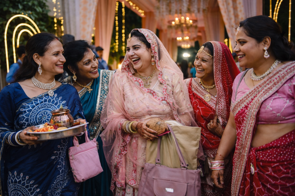 Indian wedding candid moment with bride and family laughing together in traditional attire, captured in a professional photography studio style