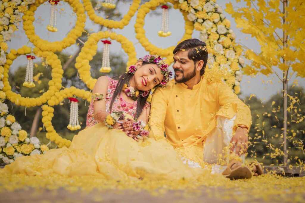 Haldi ceremony couple portrait in Vaishali Nagar Jaipur captured by Vishal Photos Jaipur